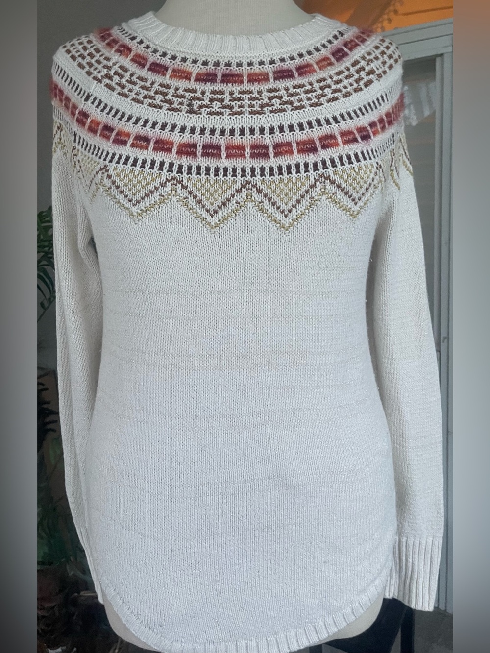 LOFT Cream Crewneck Sweater with Pink and Gold Yoke
